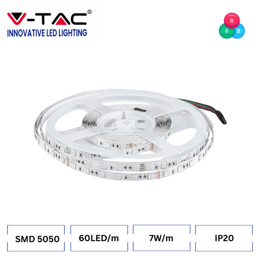 Banda LED RGB V-TAC VT-5050, 24V 60 LED/m IP20, 5 metri - ledia.ro