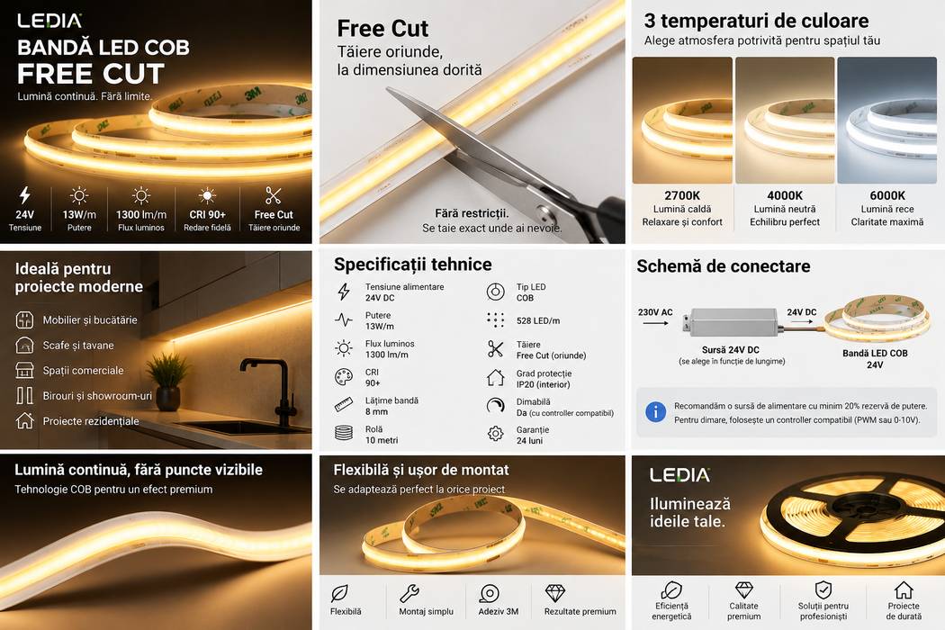 Bandă LED COB Free Cut 24V 13W/m CRI90 - infografic tehnic