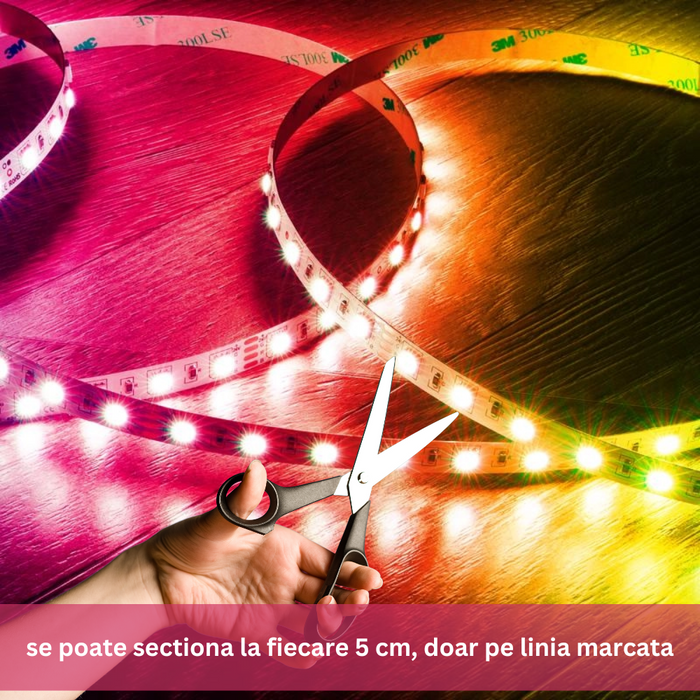 Banda LED RGB rezistenta la umiditate, se poate taia la 5 cm pentru interior sau exterior
