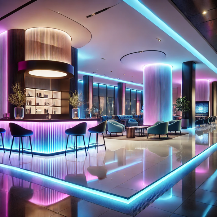 Bandă LED RGB 20m instalată sub mobilier pentru efect ambiental