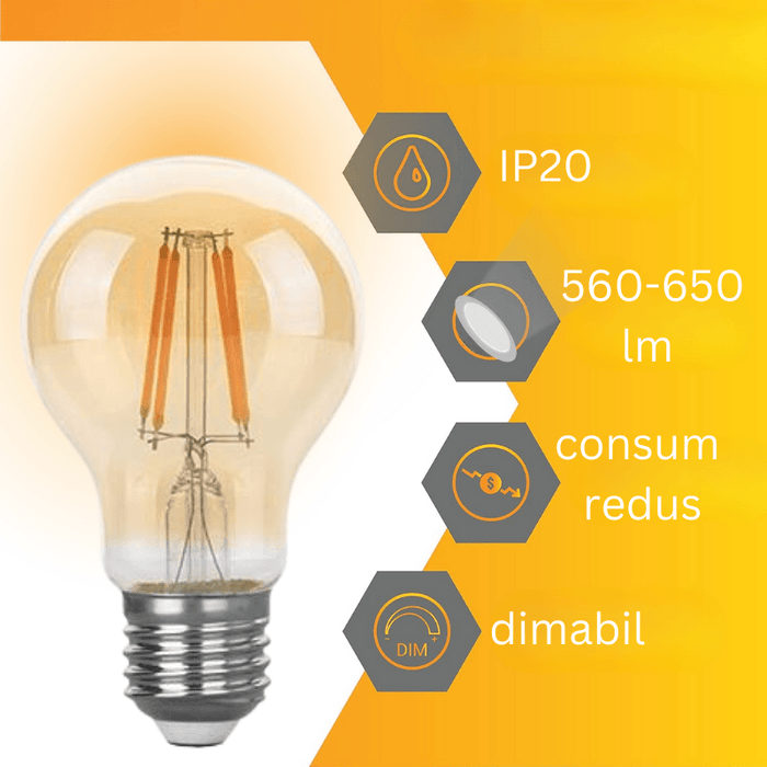 Bec LED decorativ, 6W E27 A60, 2200K, dimabil - ledia.ro