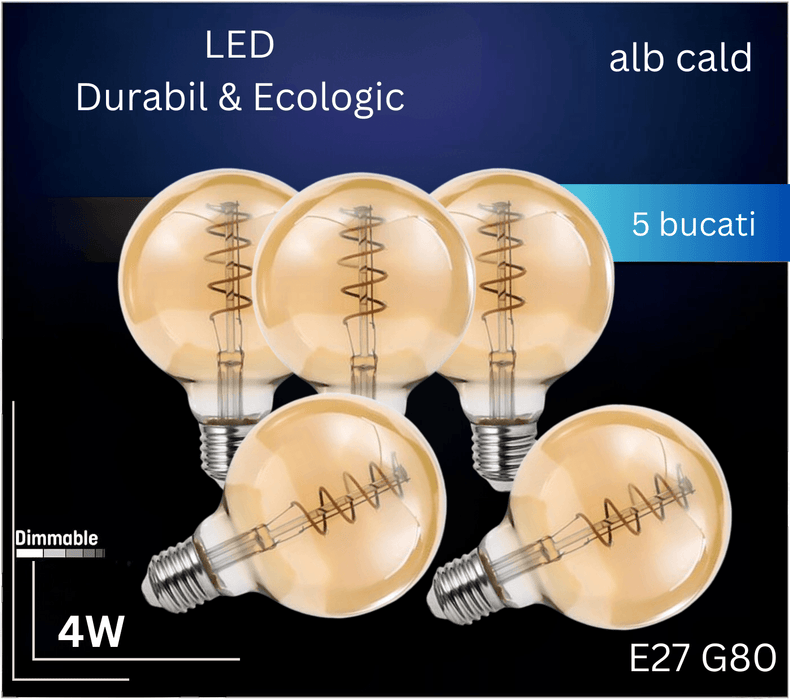 Bec LED decorativ 4W E27 G80, lumina alba calda 2200K, dimabil - ledia.ro