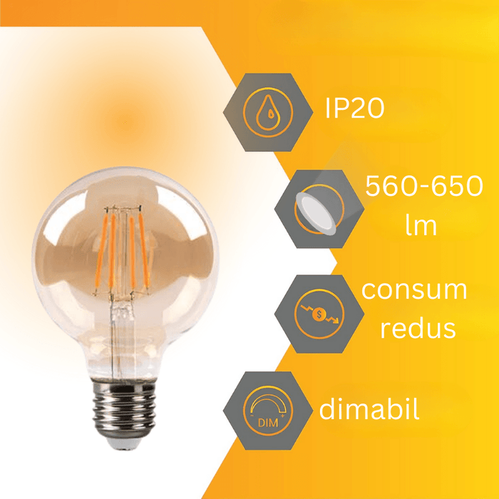 Bec LED decorativ dimabil 6W E27 G80, lumina alba calda 2700K - ledia.ro