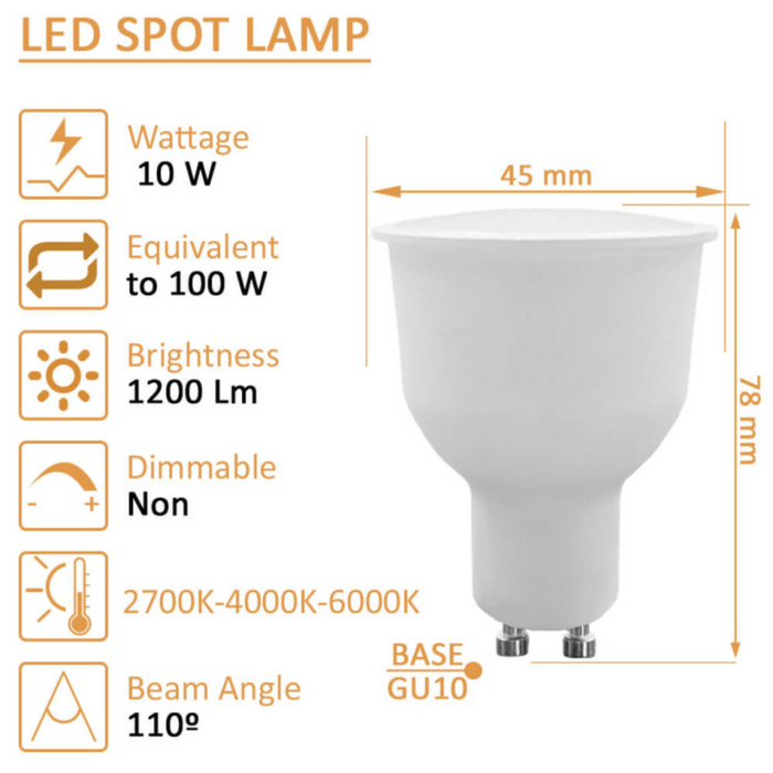 Spot LED GU10 10W, lumină rece de 6000K pentru interior cu specificatii, ledia.ro
