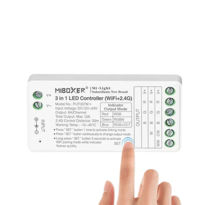 Controler 3 in 1 Milight Fut037W+ pentru kit Bandă LED RGB 24V flicker-free interioară
