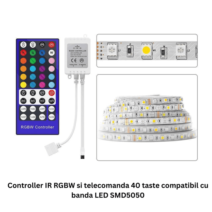 ☑️Kit banda LED 5050 RGBW, controller cu telecomanda 40 taste, 20 metri ...