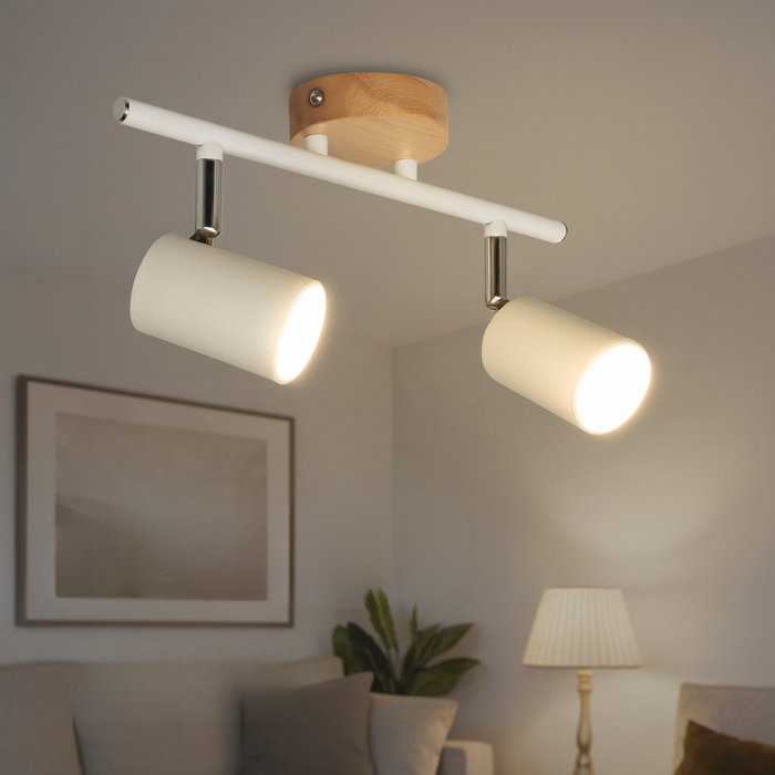 Iluminat interior alb mat cu detaliu din lemn