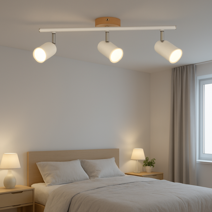 Iluminat interior alb mat cu detalii din lemn