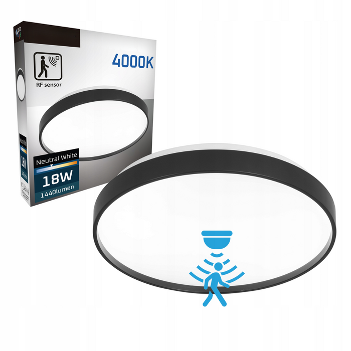 Plafoniera LED 18W rotundă cu senzor RF montată pe tavan alb
