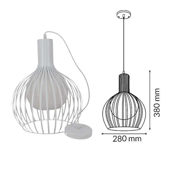 lustra alba suspendata pe cablu cu dimesniuni 280x380mm