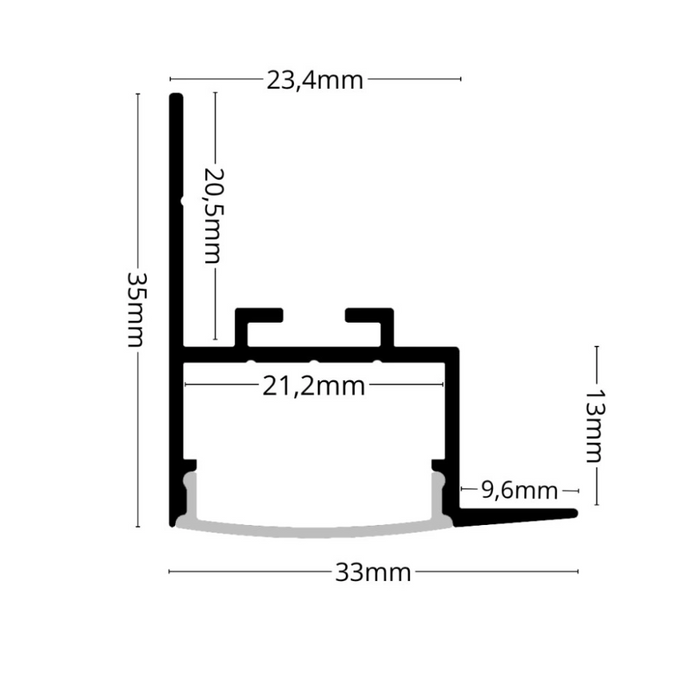 profil aluminiu cu dimensiuni reprezentate grafic, interior 21,2mm