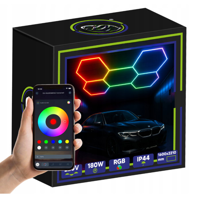 Iluminat hexagonal RGB pentru detailing auto în garaj modern
