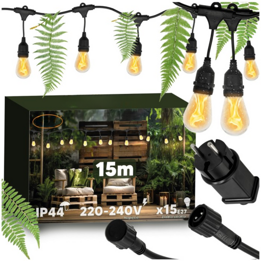 Ghirlandă luminoasă LED 15 m cu 15 becuri efect flacără pentru grădină și terasă
