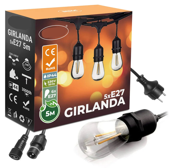 Ghirlandă LED Exterior 5m cu 6 Becuri Filament 1W E27, IP44