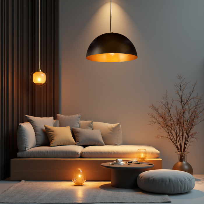 Pendul Pople negru cu interior auriu, lumină caldă difuză în dining