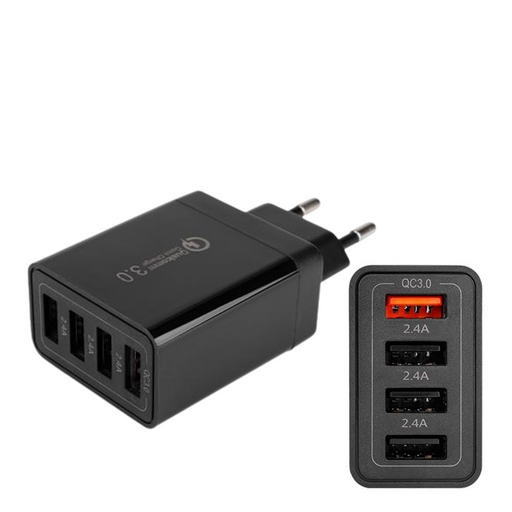 Încărcător USB-A cu 4 porturi și carcasă compactă, vedere frontală, ideal pentru uz zilnic