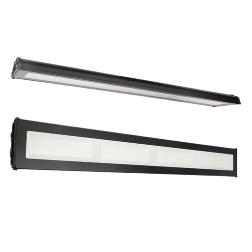 Lampă LED industrială liniară APV de 200W, montaj suspendat cu inele metalice, carcasă neagră din aluminiu
