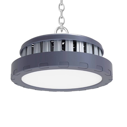 Lampă LED industrială UFO de 100W cu carcasă gri din aluminiu, montată pe lanț.