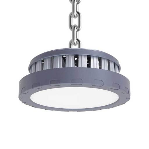 Lampă LED industrială UFO de 150W cu carcasă gri din aluminiu, montată pe lant, ledia.ro

