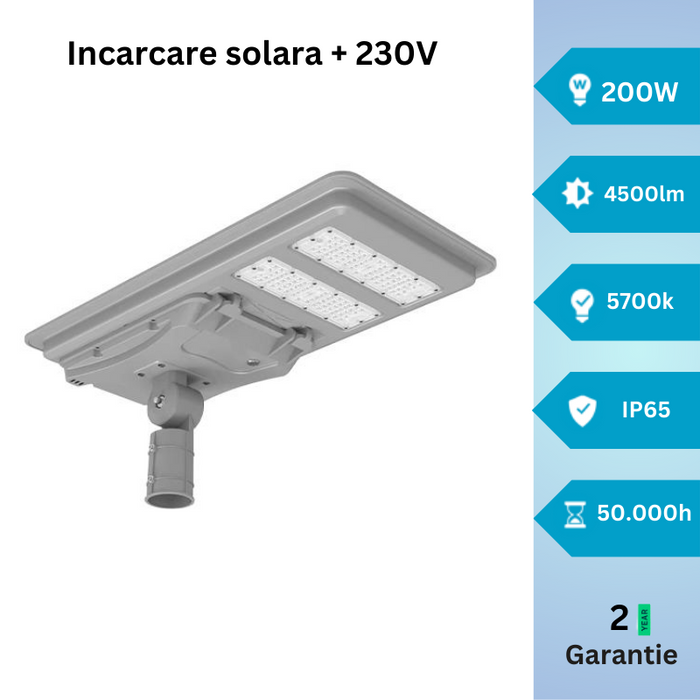 lampa led solara, lampa solara iluminat stradal, lampa solara stradala, lampa hibrid, lampa solara 230v, lampa 200w, lampa cu incarcare solara si 230v, lampa iluminat exterior, ledia.ro