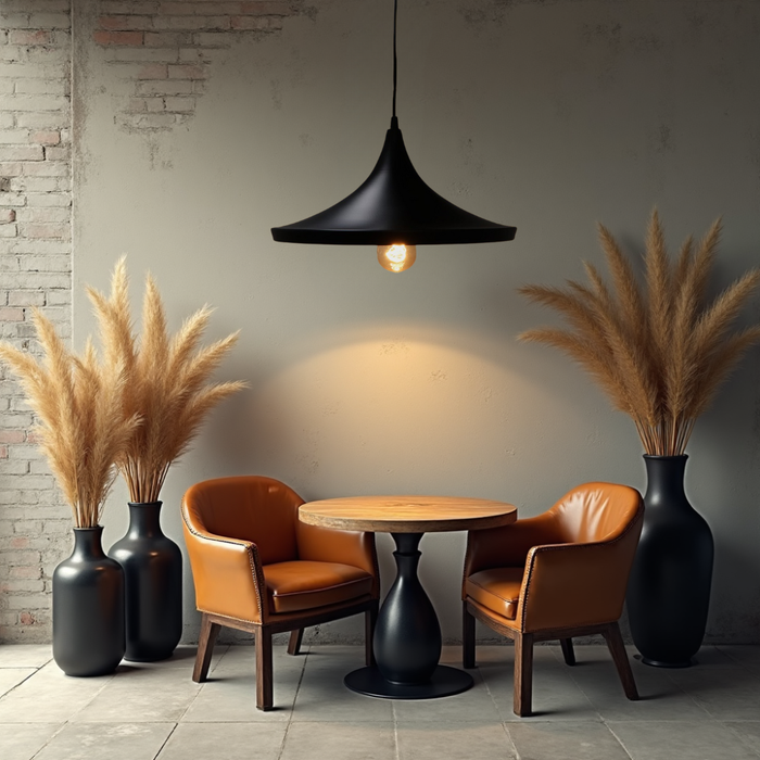 Pendul vintage industrial Lenn, metal negru cu interior auriu, lumină caldă decorativă.