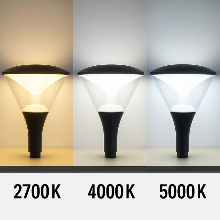 Lampă LED stradală afișată în 3 temperaturi de culoare diferite
