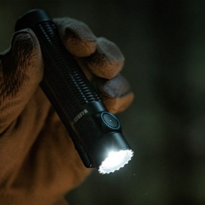 Warrior Mini 3 aprinsă în modul Turbo, iluminând în pădure
