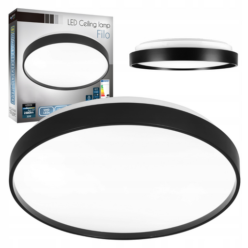 Plafoniera LED rotundă FILO 36W neagră montată pe tavan alb
