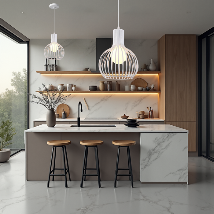 lustra suspendata alba deasupra la insula de bucatarie