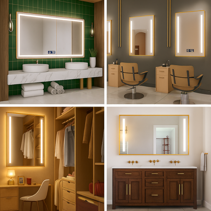 Oglindă aurie LED în decor minimalist
