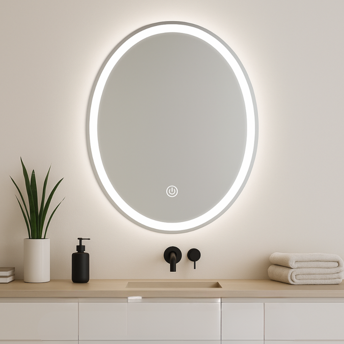 Oglindă Baie Ovală cu LED 3CCT 50×70 cm montată pe perete
