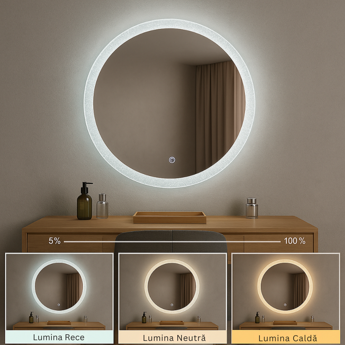 Oglindă modernă cu ramă transparentă și lumină integrată
