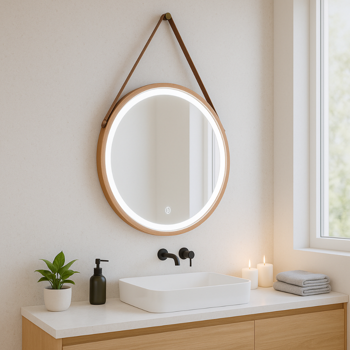 Reflexii calde LED pe oglindă rotundă de baie