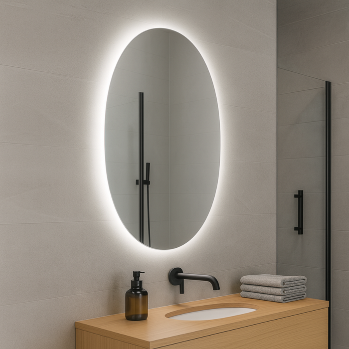 oglinda perete verticala baie luminata