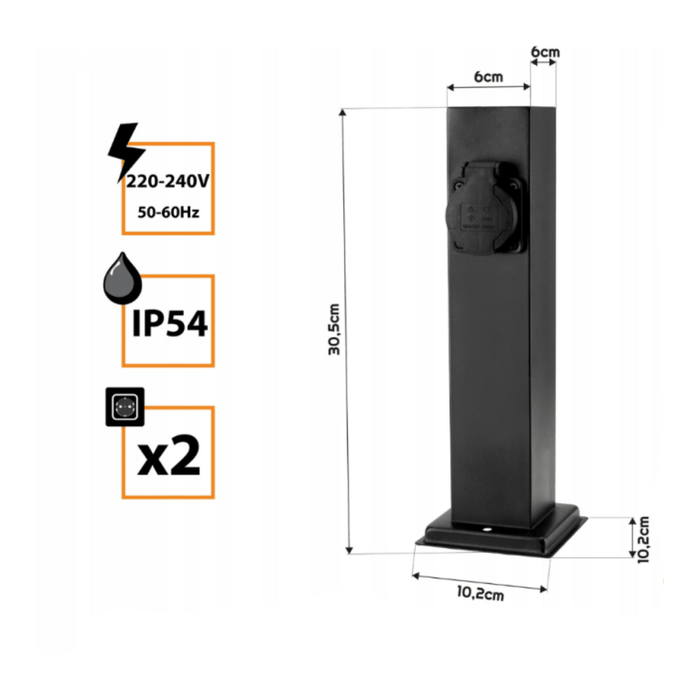 Outdoor power post negru, 2×230V, montaj în grădină