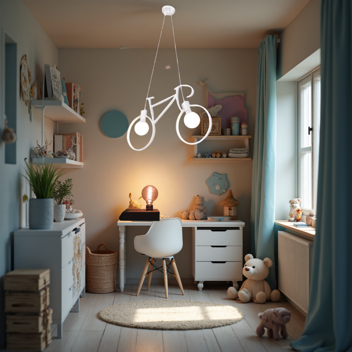 Pendul decorativ Bicycle White cu design creativ pentru camera copiilor, două surse de lumină.