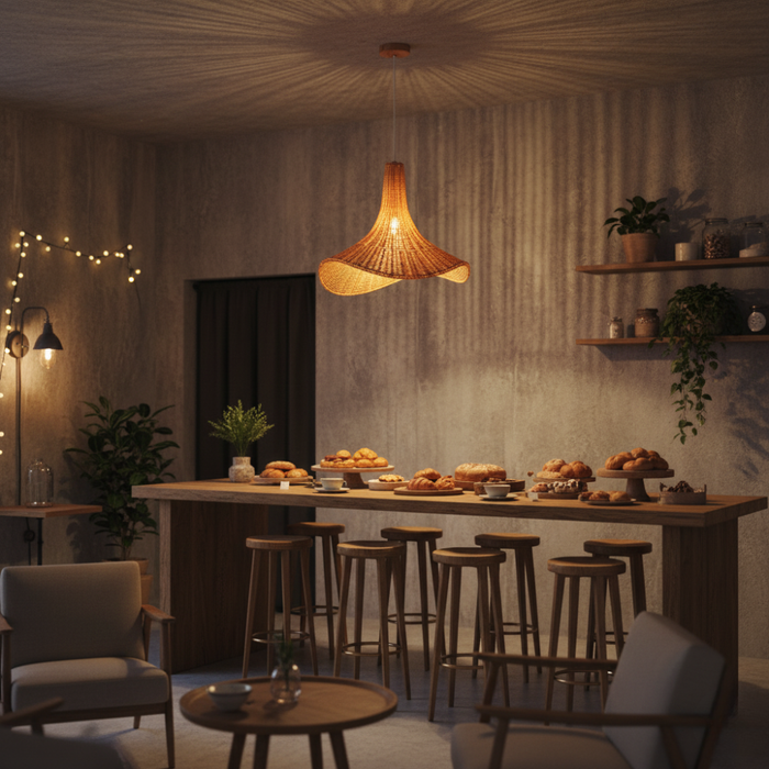 Pendul sculptural din ratan, iluminat ambiental cald în dining