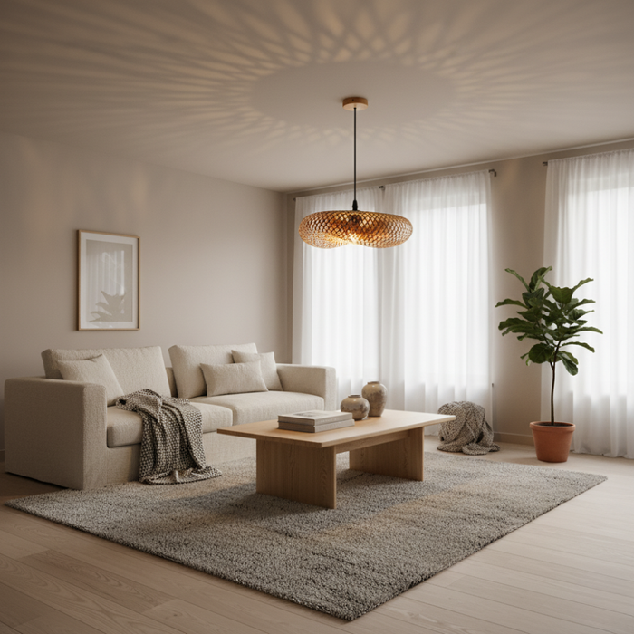 pendul premium ratan suspendat, lumină difuză și atmosferă naturală elegantă