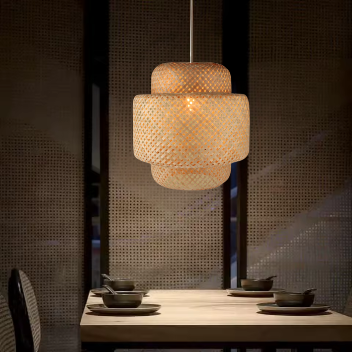 Pendul Canarias boho din ratan în trei niveluri, lumină caldă ambientală