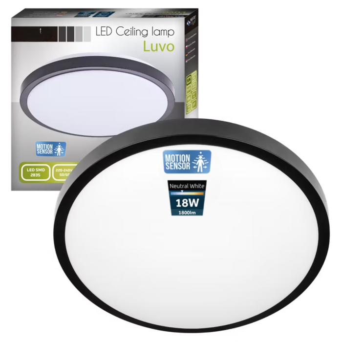 plafoniera luvo neagra rotunda 18w cu senzor reglabil ip44
