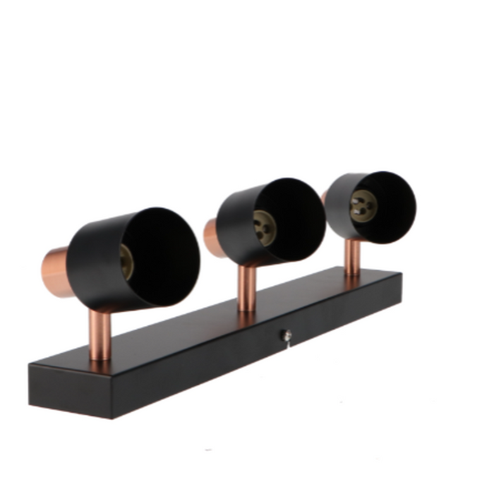 plafoniera moderna metalica, negru cu auriu, 3 spoturi gu10 orientabile