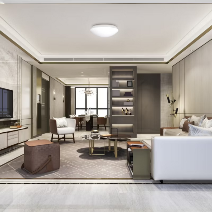 Plafonieră albă IP44 rezistentă la stropi, montată pe tavan