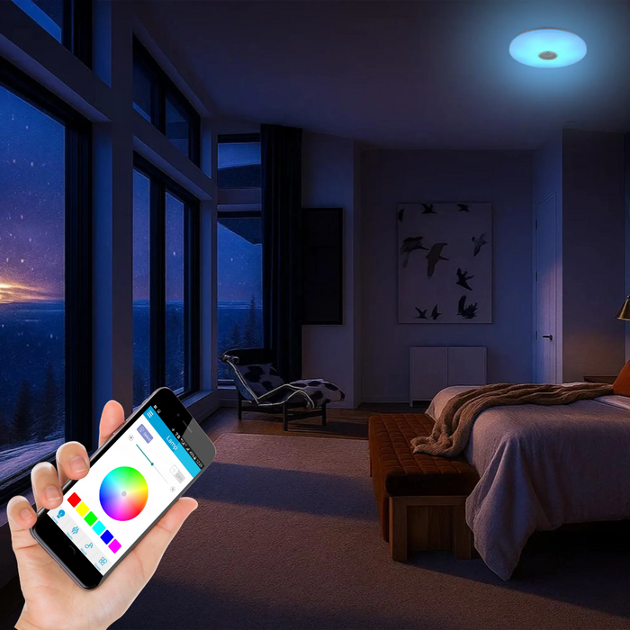 Plafonieră LED cu difuzor Bluetooth și funcție RGB pentru ambianță