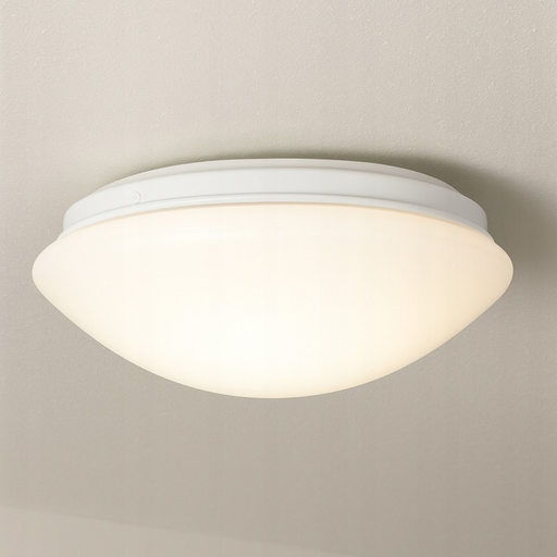 Plafonieră rotundă albă cu 2 becuri E27 montate în interior
