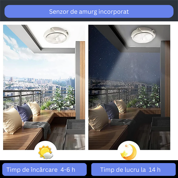 plafoniera solara, plafoniera led cu incarcare solara, plafoniera cu panou solar, iluminat solar, lampa solara, lampa cu incarcare solara, plafoniera led solara 120w, plafoniera solara cu senzor, ledia.ro
