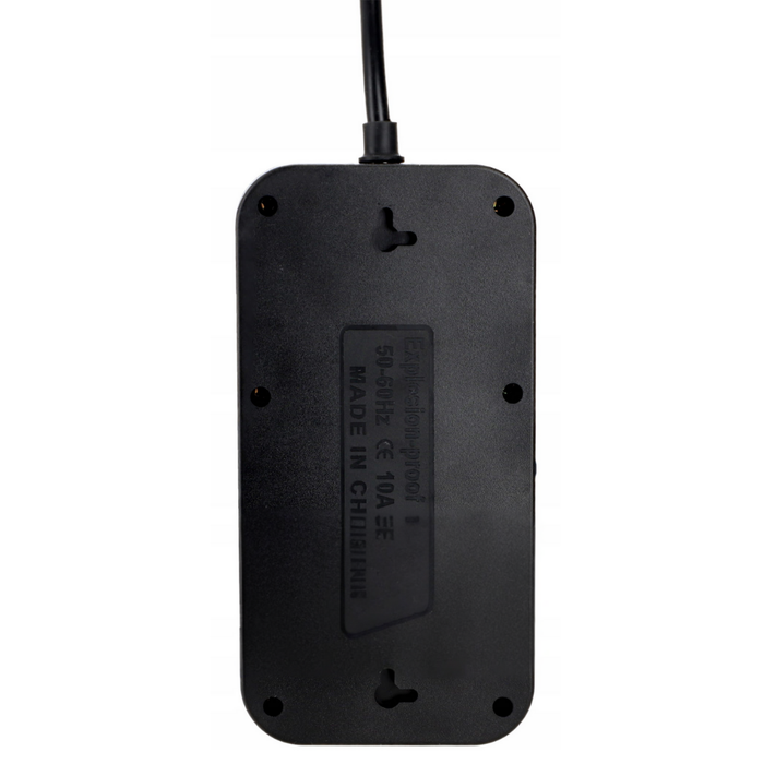 Imagine din spate a Prelungitorului de 2 metri putere maxima 2500w cu 3 prize si 4 porturi USB tip A si un port usb tip C, ledia.ro