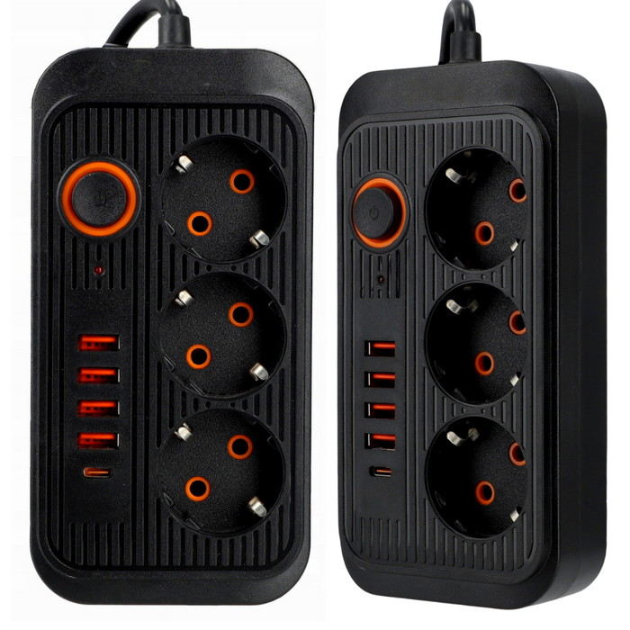 Prelungitor negru cu lungime cablu 2 metri putere maxima 2500w, 3 prize 230v si 4 porturi USB tip A si un port usb tip C, ledia.ro