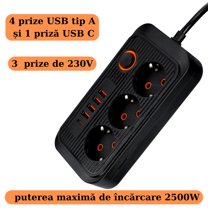 Prelungitor 2 metri putere maxima 2500w cu 3 prize si 4 porturi USB tip A si un port usb tip C, ledia.ro