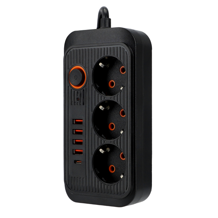 Prelungitor negru cu lungime cablu 2 metri putere maxima 2500w, 3 prize 230v si 4 porturi USB tip A si un port usb tip C, comutator, ledia.ro