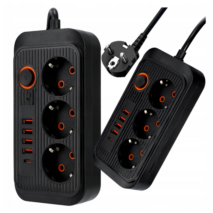 Prelungitor negru cu lungime cablu 2 metri putere maxima 2500w, 3 prize dispuse unghiular si 4 porturi USB tip A si un port usb tip C, ledia.ro
